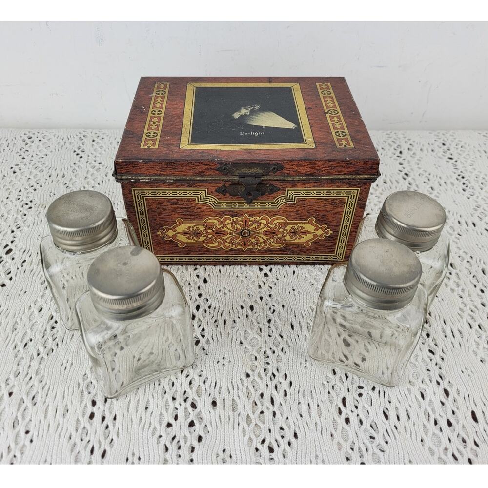 Antique 1920's Delight Jewelry Cleaning Case Tin Gebhart Bros w/ Glass Bottles